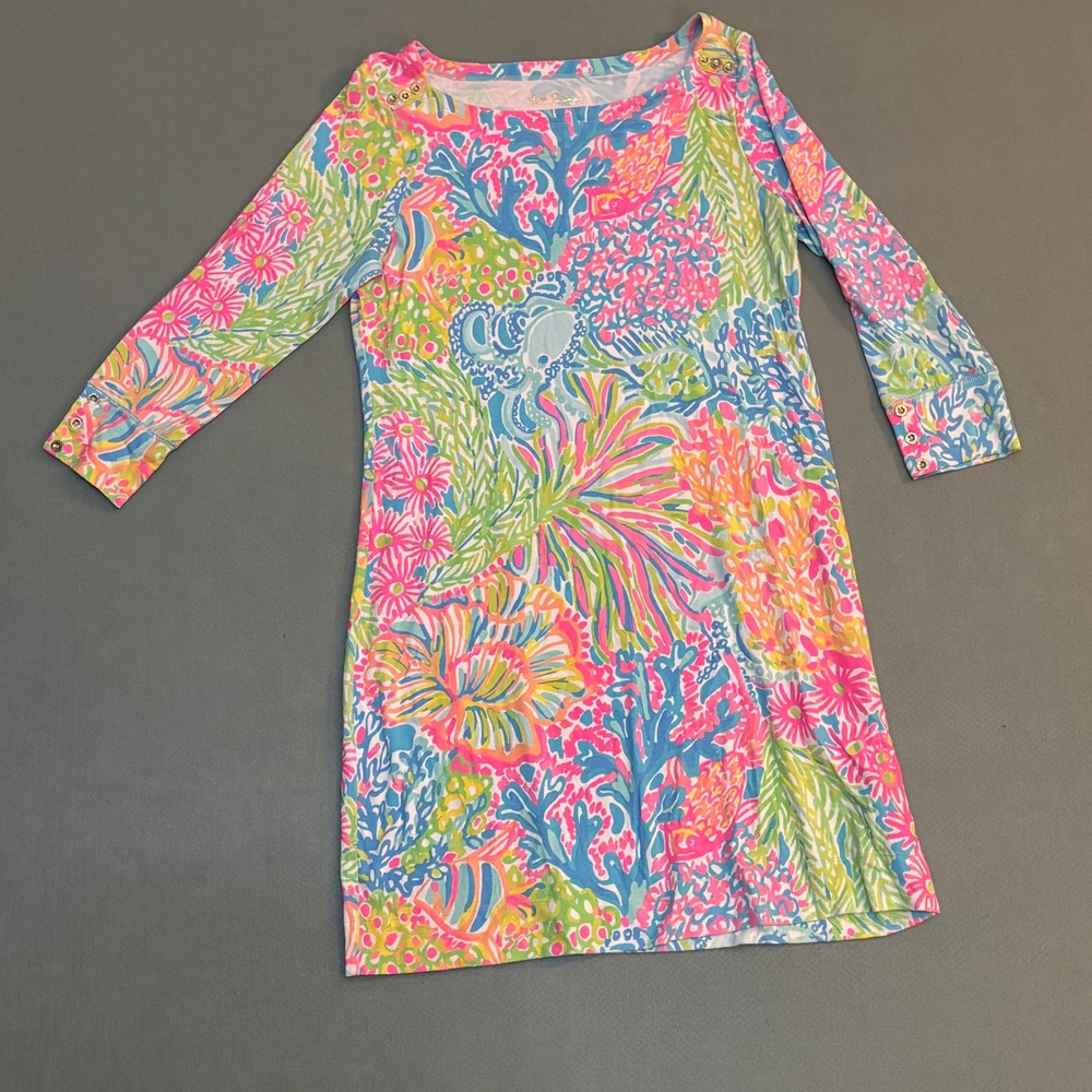 Lilly Pulitzer Sophie Dress Pink Blue Floral Coral Boatneck 3/4 Sleeve Large